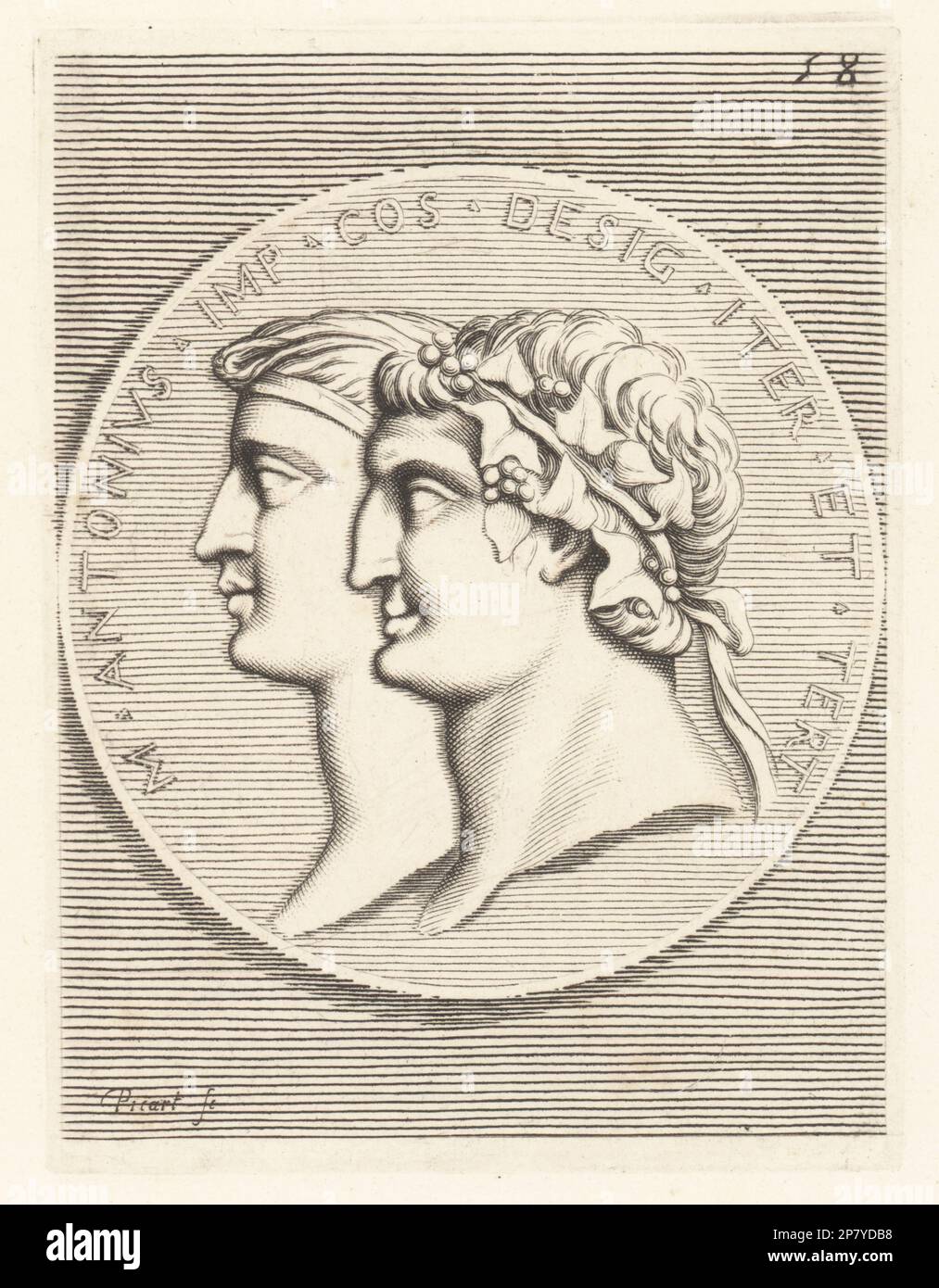 Heads of Mark Antony and Cleopatra. Marcus Antonius, Roman politician, consul and general, 83-30 BC, wearing a crown of ivy leaves and berries sacred to Bacchus. Cleopatra VII Philopator, Queen of the Ptolemaic Kingdom of Egypt from 51 to 30 BC. M. Antonius Imp. Cos. de Sig. Iter. et Tert. Antonio e Cleopatra. Copperplate engraving by Etienne Picart after Giovanni Angelo Canini from Iconografia, cioe disegni d'imagini de famosissimi monarchi, regi, filososi, poeti ed oratori dell' Antichita, Drawings of images of famous monarchs, kings, philosophers, poets and orators of Antiquity, Ignatio de’ Stock Photo