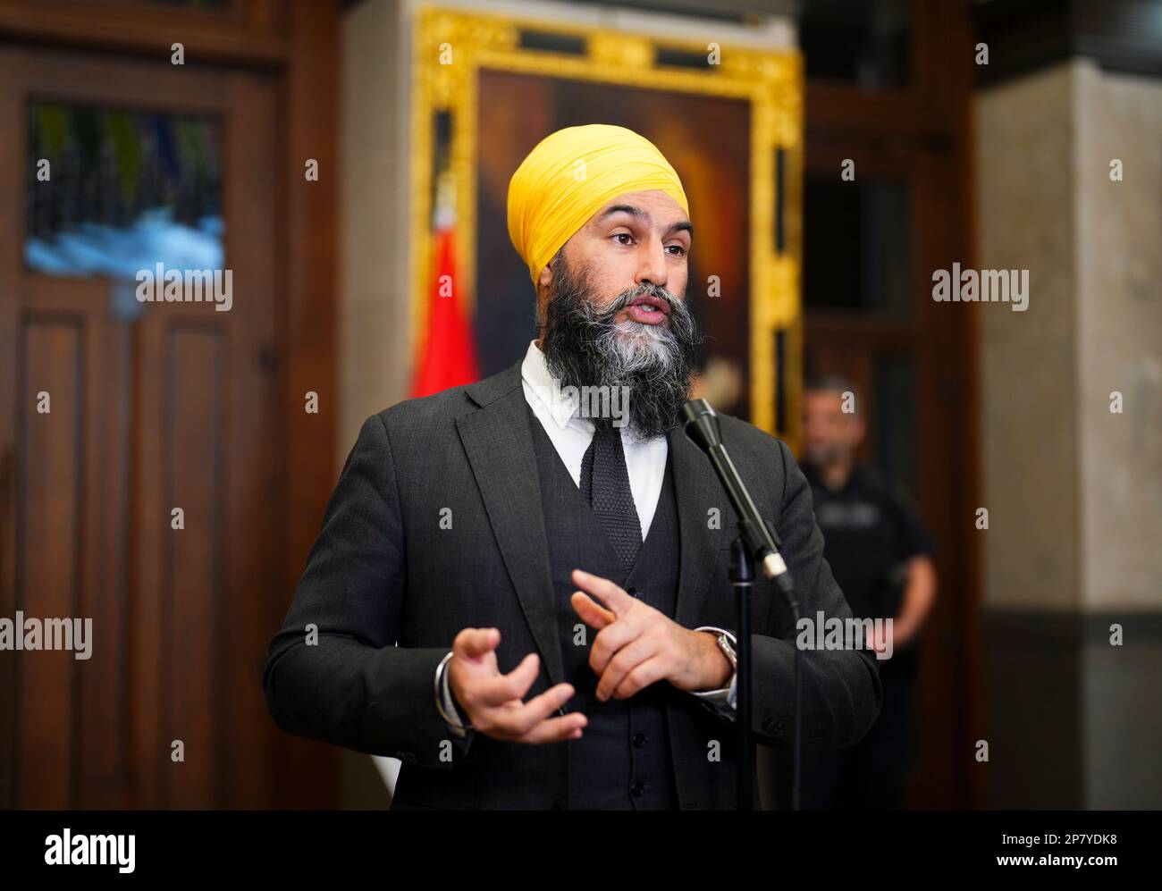 NDP Leader Jagmeet Singh speaks to reporters in the foyer of the House