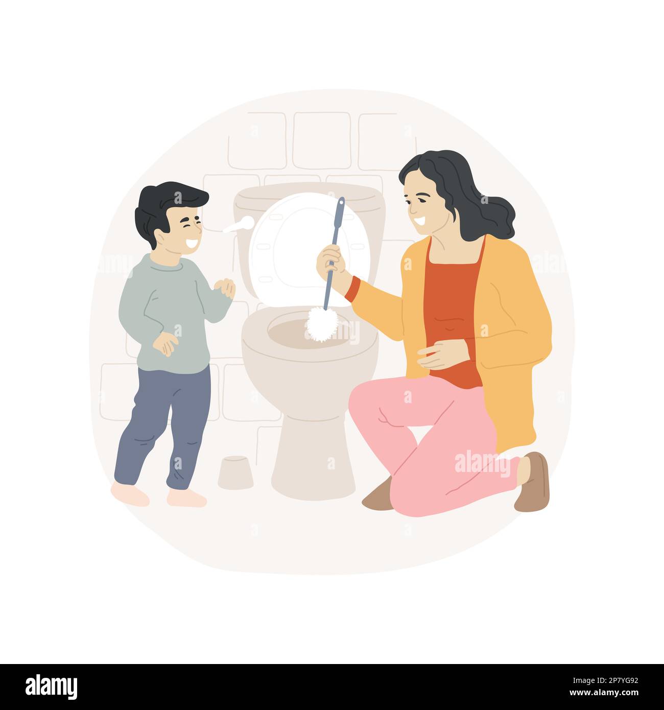 Use a toilet brush isolated cartoon vector illustration. Woman using a brush, teach kid to clean the toilet, keep bathroom clean, personal hygiene, family sanitary rules vector cartoon. Stock Vector