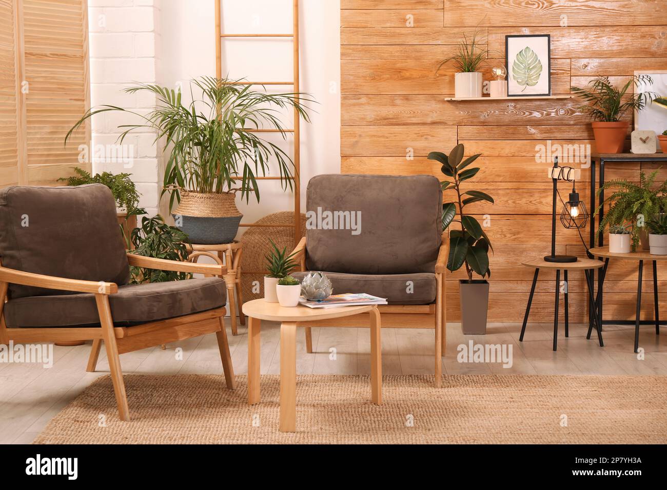 Stylish room with beautiful plants and wooden wall. Interior design ...