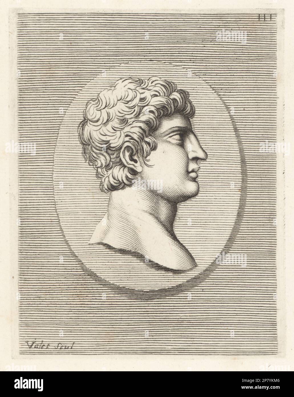 Head of a young man with short curly hair. From an oval antique gem. Copperplate engraving by Guillaume Vallet after Giovanni Angelo Canini from Iconografia, cioe disegni d'imagini de famosissimi monarchi, regi, filososi, poeti ed oratori dell' Antichita, Drawings of images of famous monarchs, kings, philosophers, poets and orators of Antiquity, Ignatio de’Lazari, Rome, 1699. Stock Photo