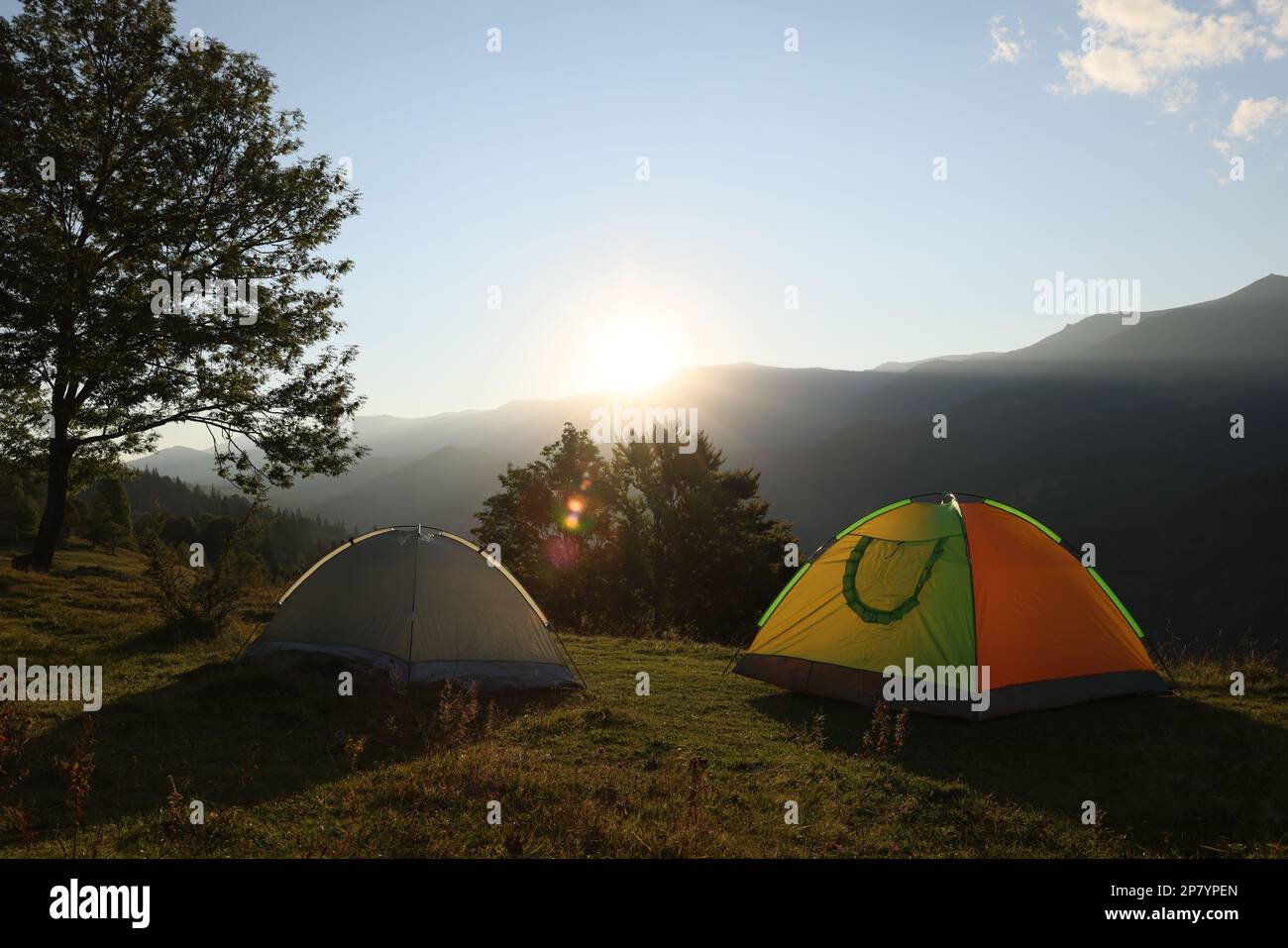 Two tents in morning forest hi-res stock photography and images - Alamy