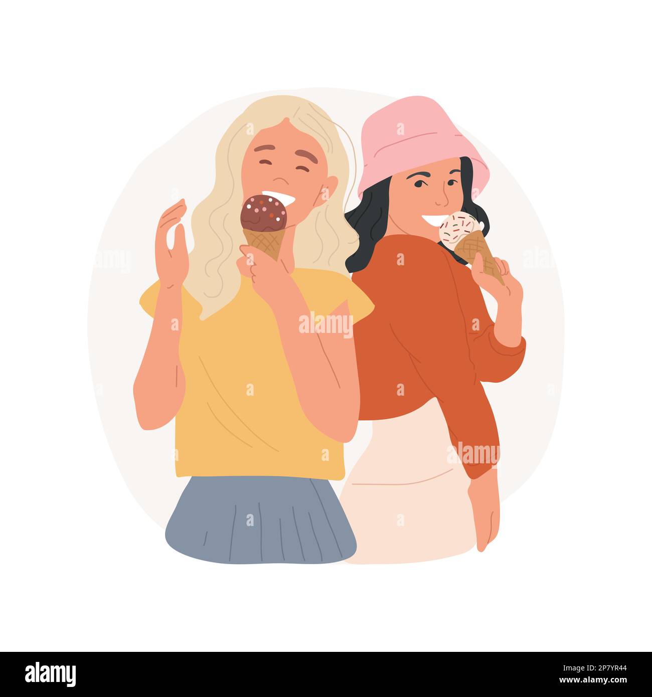 Ice cream isolated cartoon vector illustration. Attractive girls eating