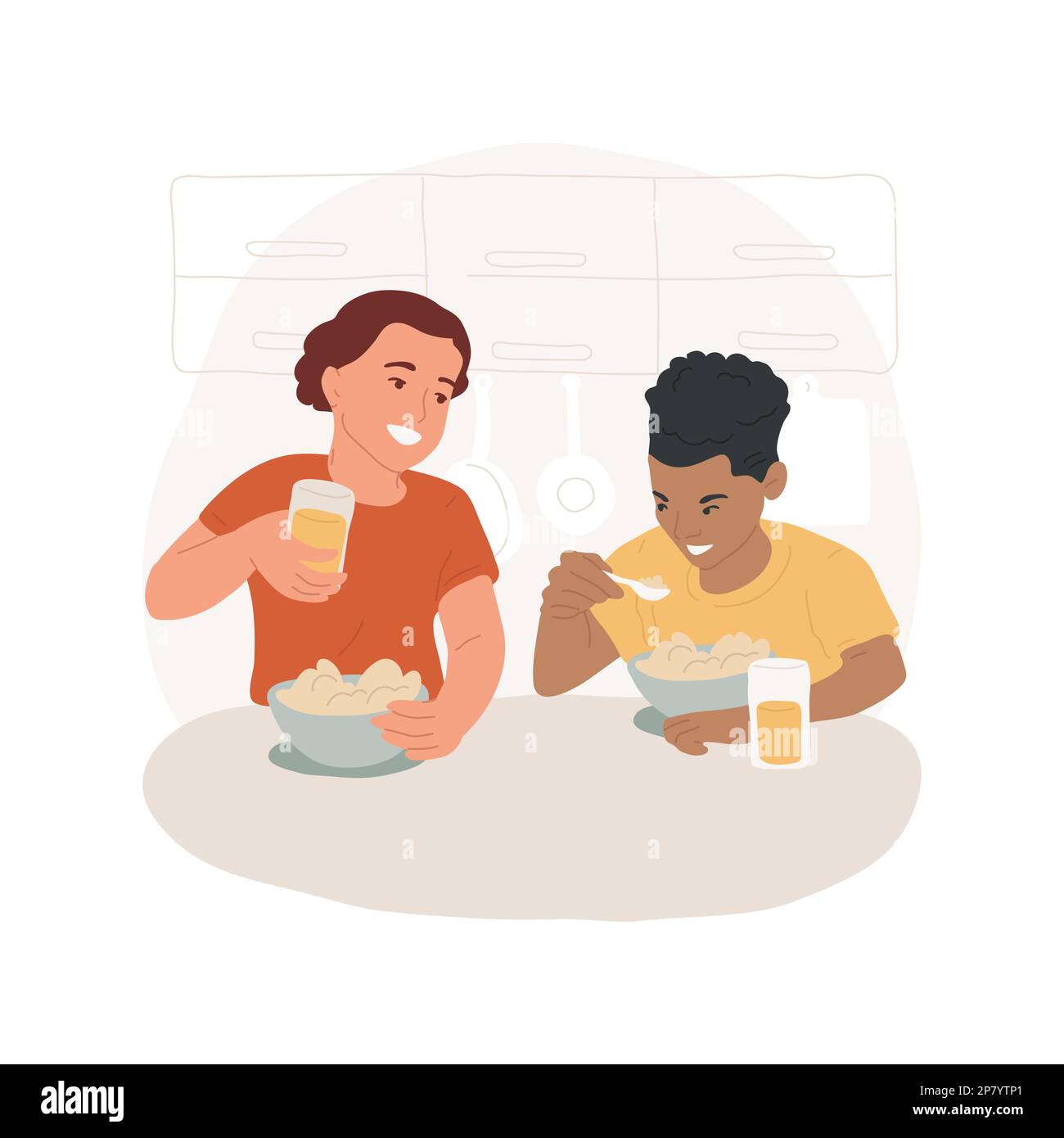 Healthy breakfast isolated cartoon vector illustration. Guys eating