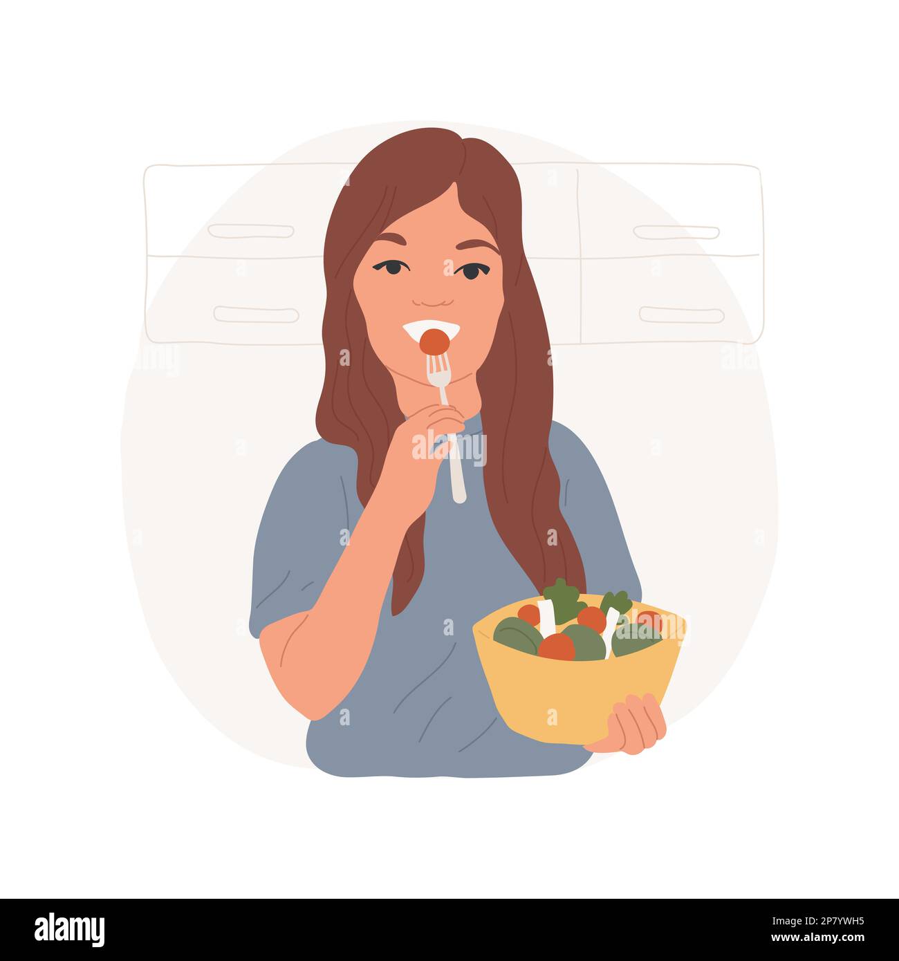 Eating salad isolated cartoon vector illustration. Teenage girl taking