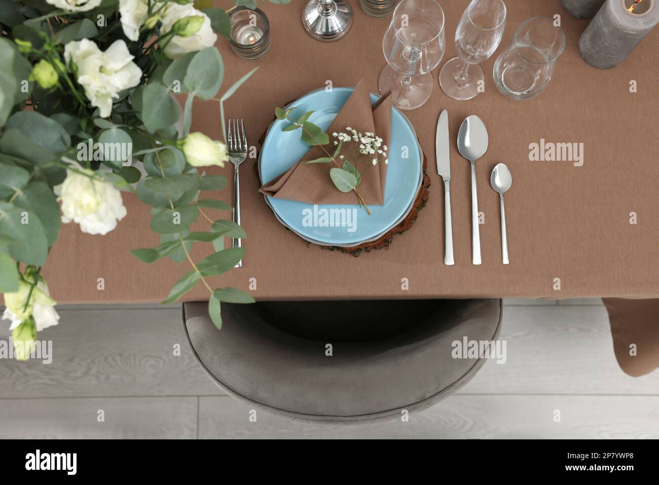 Festive table setting with beautiful tableware and decor indoors, top view Stock Photo
