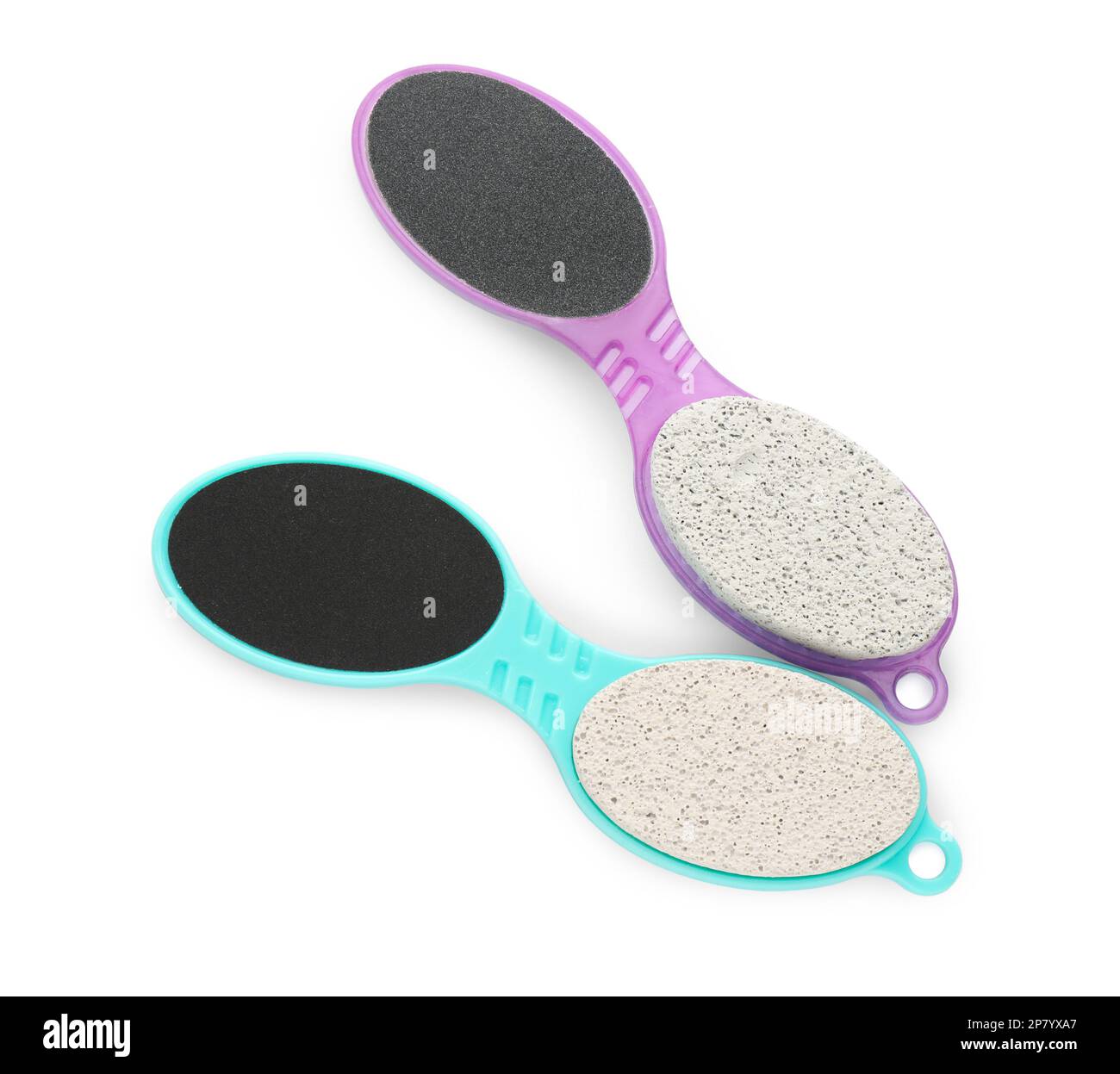 Pedicure tools with pumice stones and foot files on white background