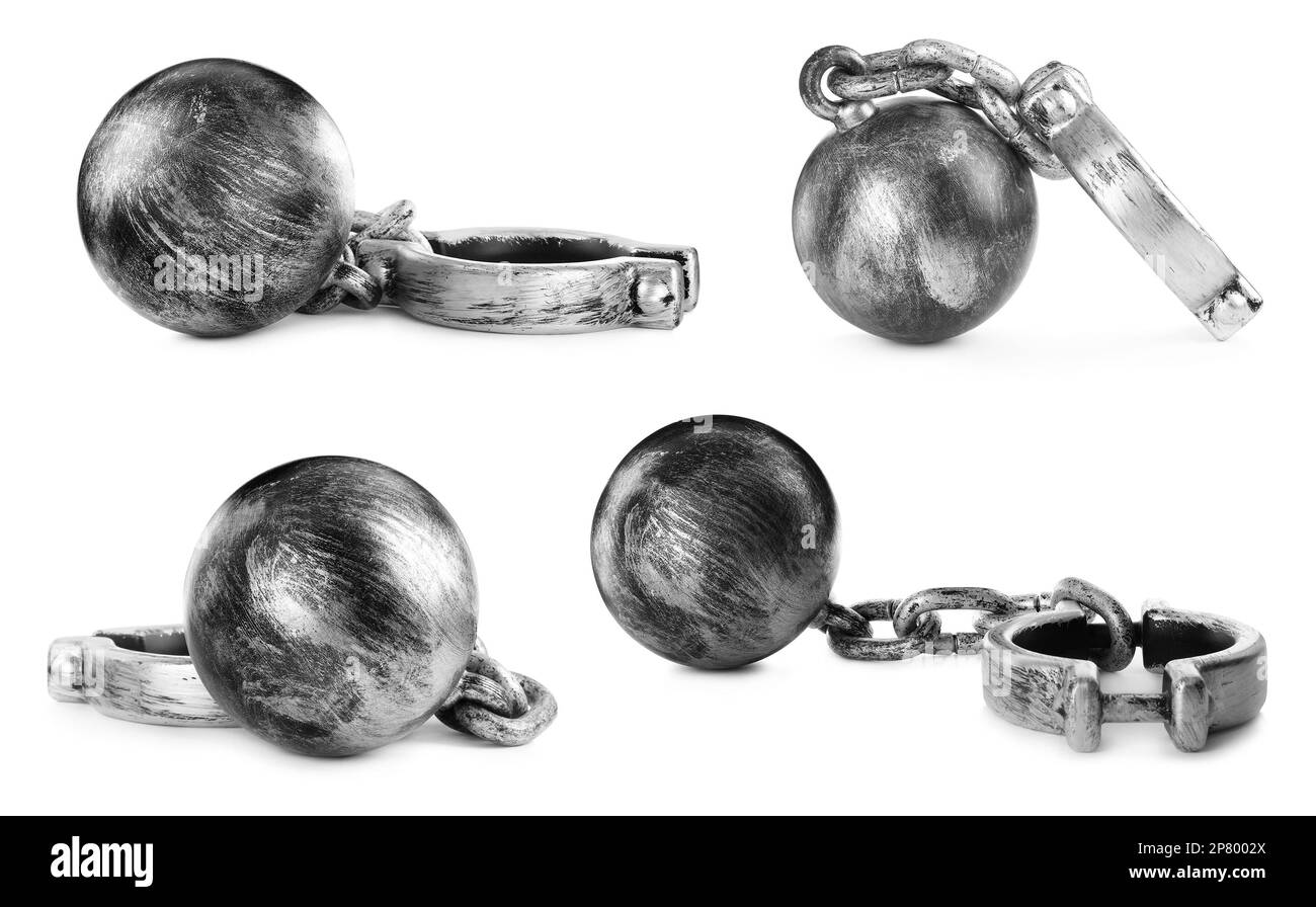 Set with metal balls and chains on white background Stock Photo