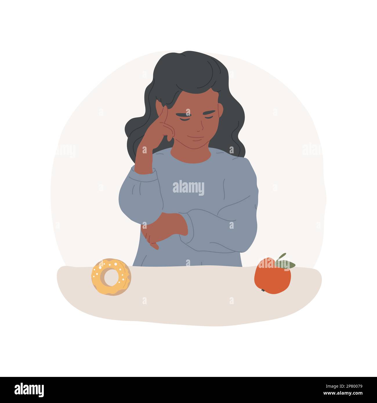 Making healthy choice isolated cartoon vector illustration. Girl deciding between donut and apple, teenager choosing food, adolescent meal preference and habits, making decision vector cartoon. Stock Vector