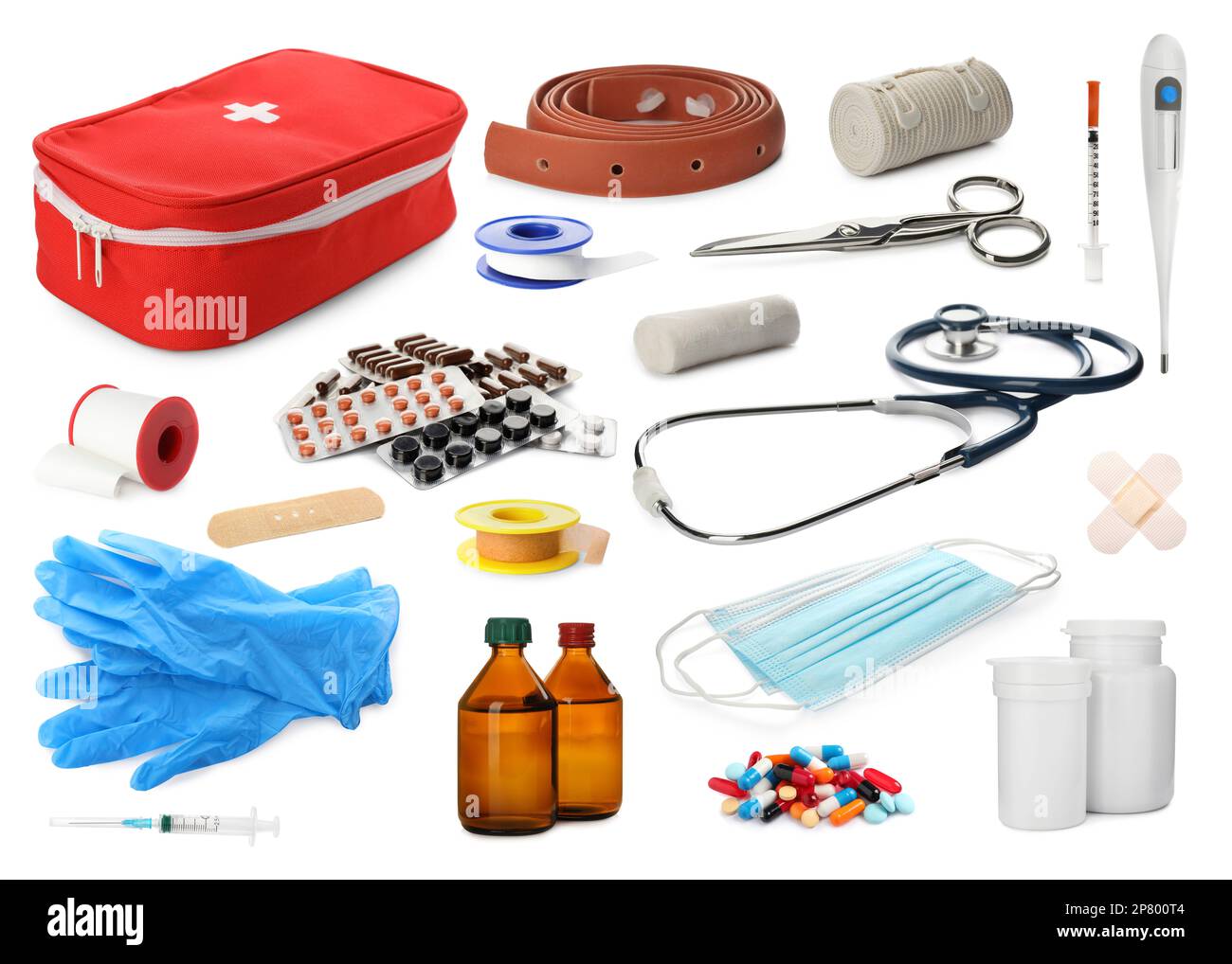 First aid kit. Set with different medical supplies on white background