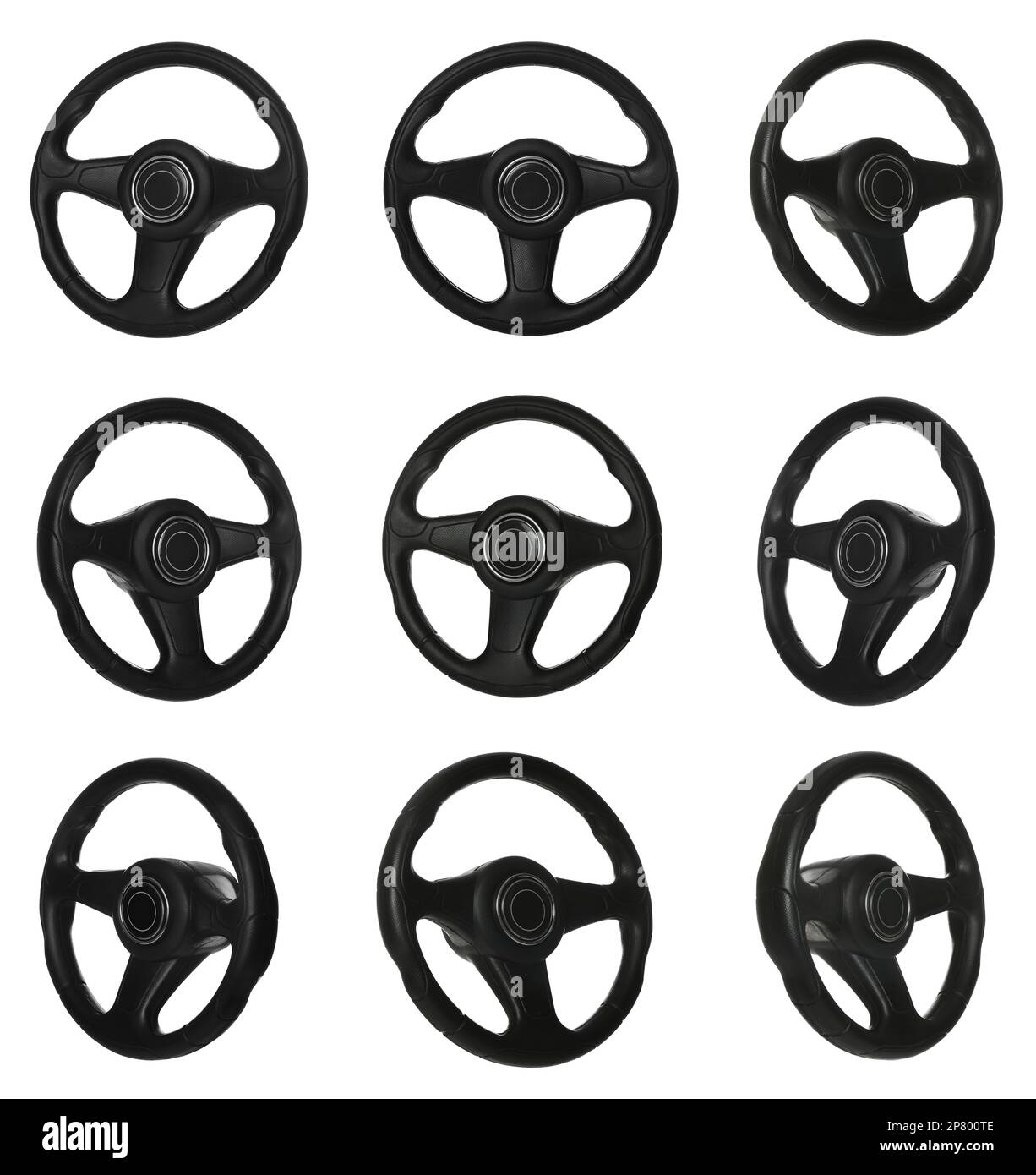 Set with black steering wheels on white background Stock Photo Alamy