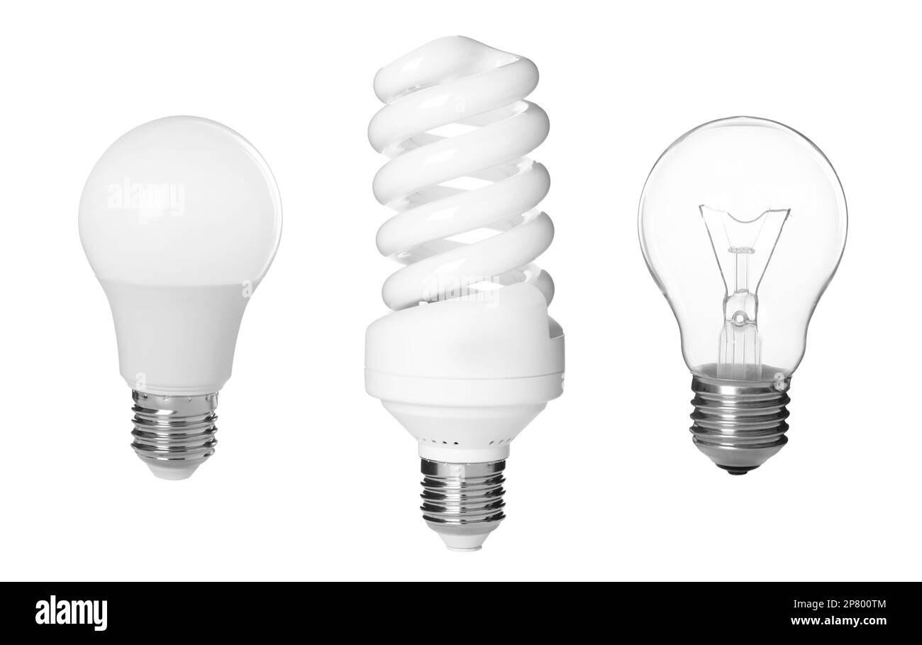 Comparison of different light bulbs on white background, collage Stock