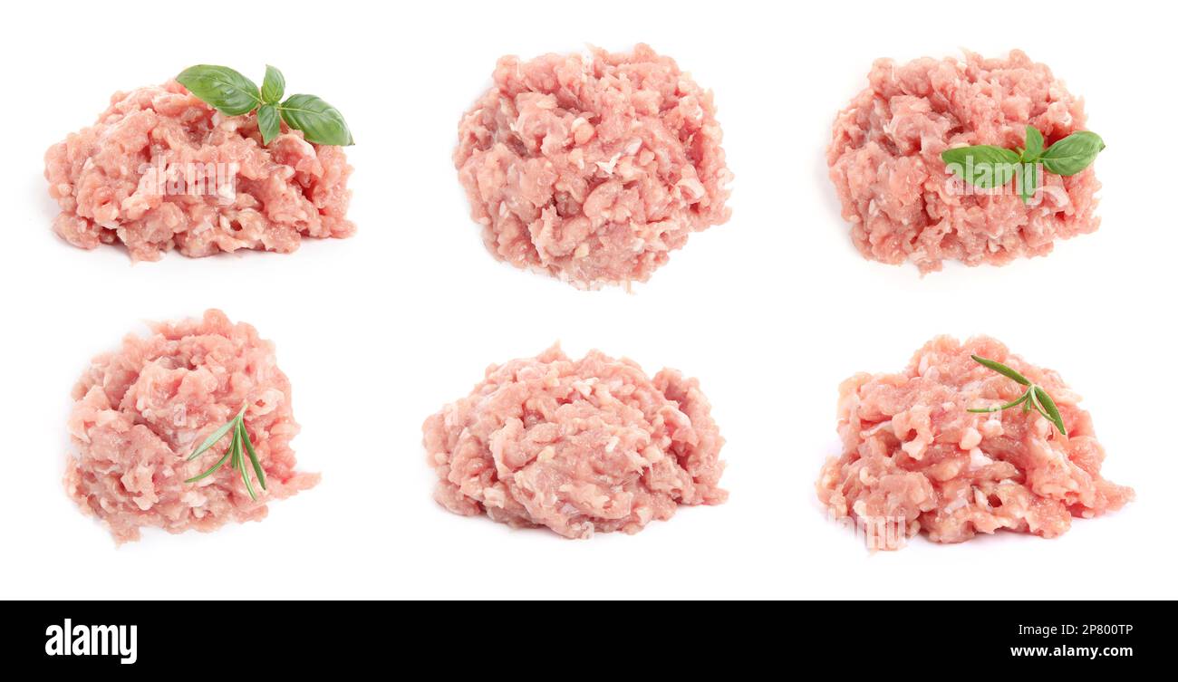 Set with fresh raw chicken minced meat on white background Stock Photo