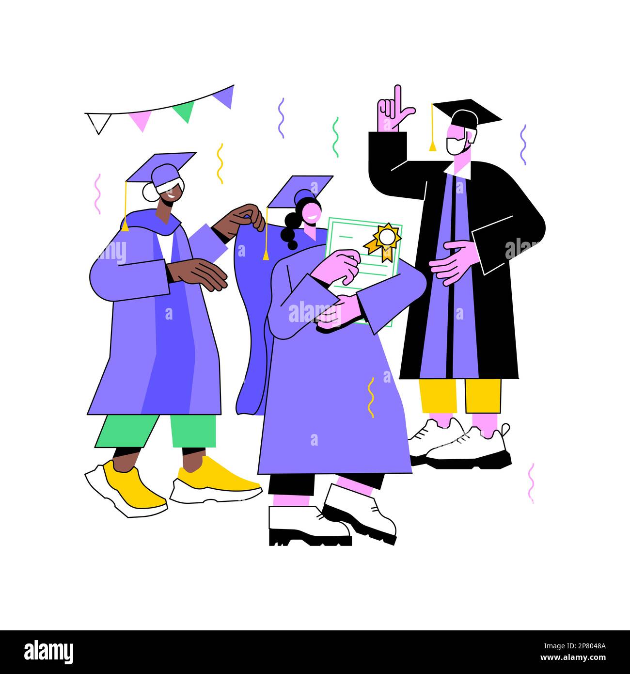Hooding ceremony isolated cartoon vector illustrations. Professors places the hood over the head of the graduate, getting master and doctoral degree, university education is over vector cartoon. Stock Vector
