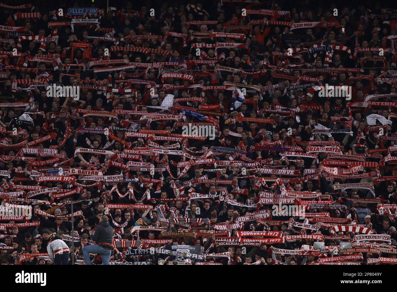 Munich, Germany. 8th Mar, 2023. FC Bayer Munich fans holds up their scarves during the UEFA Champions League match at Allianz Arena, Munich. Picture credit should read: Jonathan Moscrop/Sportimage Credit: Sportimage/Alamy Live News Stock Photo