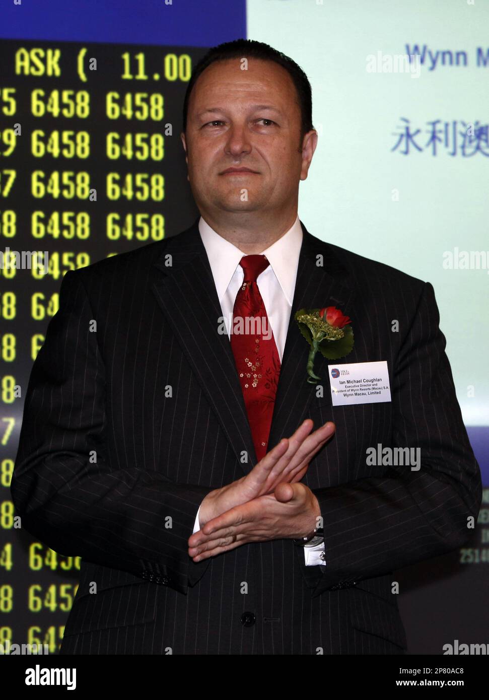 Ian Michael Coughlan, executive director and president of Wynn Resorts  (Macau) S.A. Wynn Macau, Limited attends the listing ceremony of Wynn  Macau, Limited at the Hong Kong Stock Exchange Friday, Oct. 9,