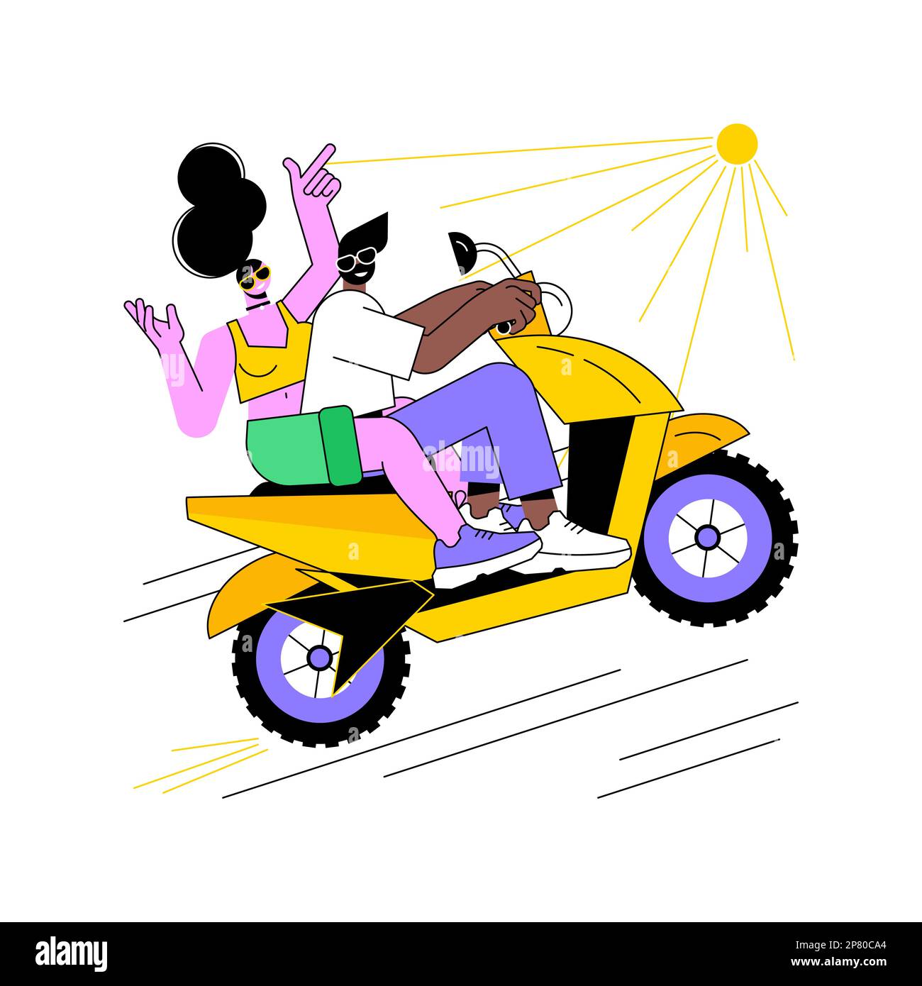 Help Ride Cartoon Scooter ride isolated cartoon vector illustrations. Happy couple riding ...