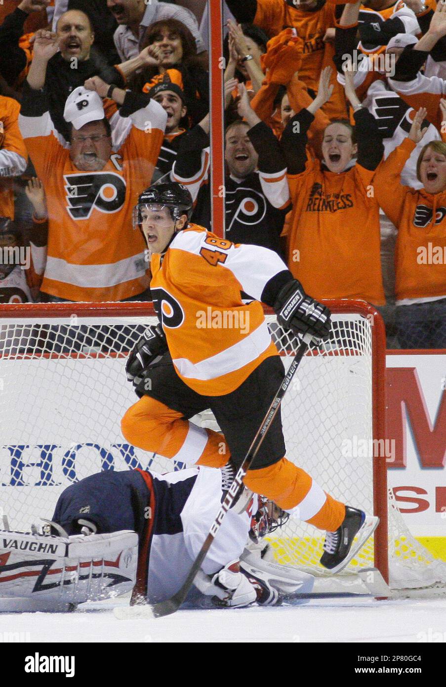 Philadelphia Flyers forward Danny Briere celebrates after scoring