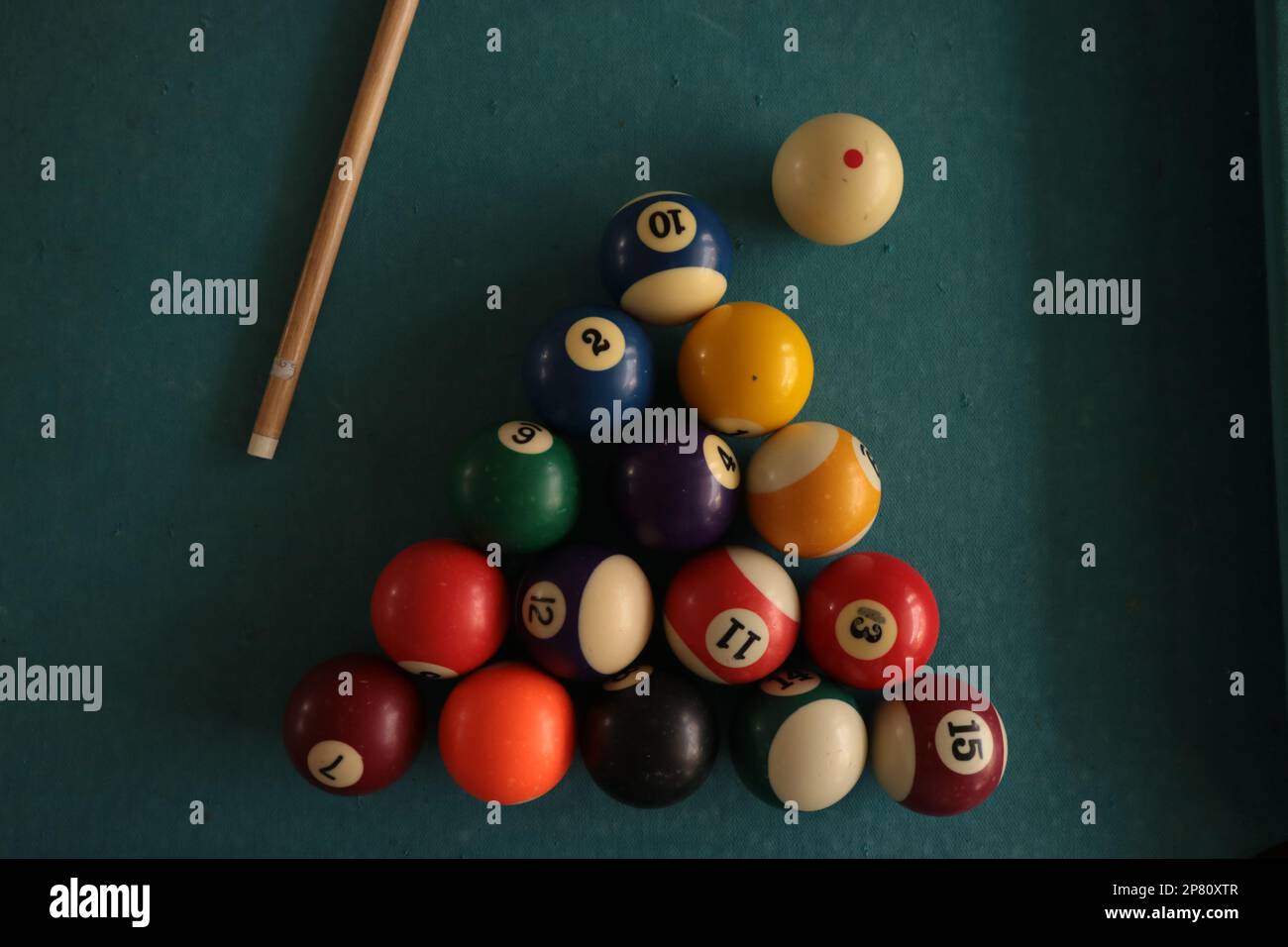 Top view billiard balls. Billiards sports game on a green table. Active