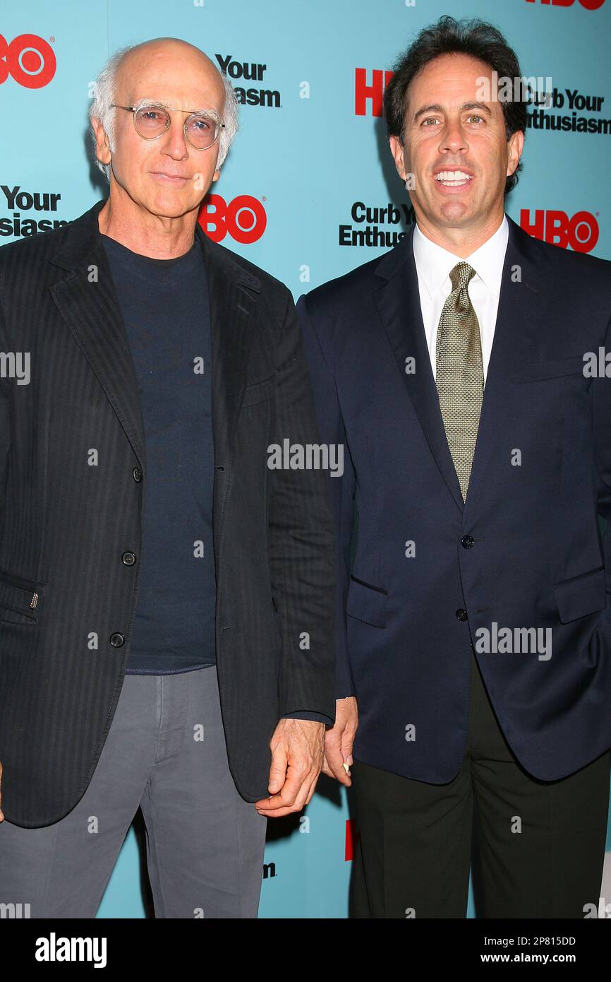 In this photo provided by StarPix, Larry David, left, and Jerry Seinfeld  attend a private screening of the new season of the HBO show \, image size:866x1390