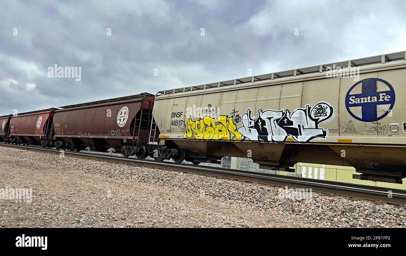 EMPORIA, KANSAS MARCH 8, 2023 A BNSF freight train hauling grain