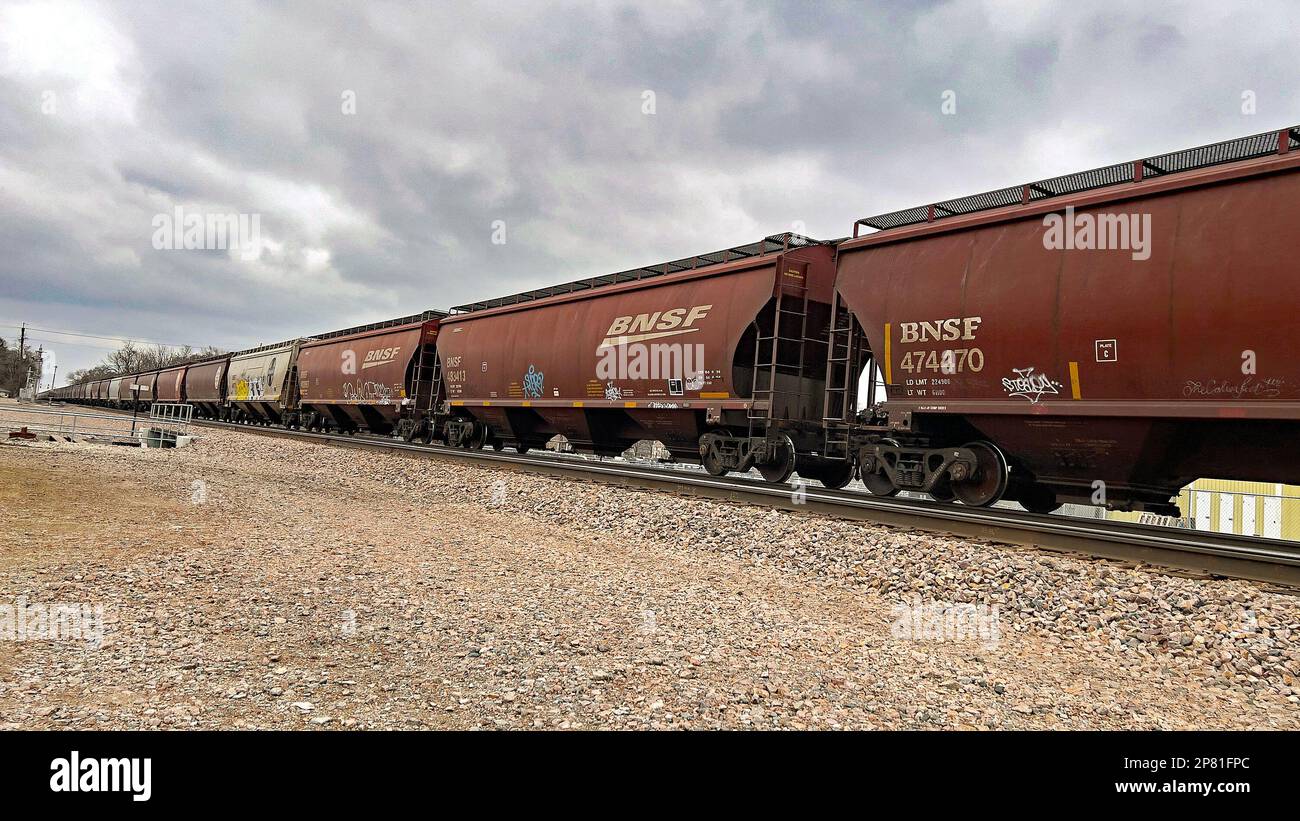 EMPORIA, KANSAS MARCH 8, 2023 A BNSF freight train hauling grain