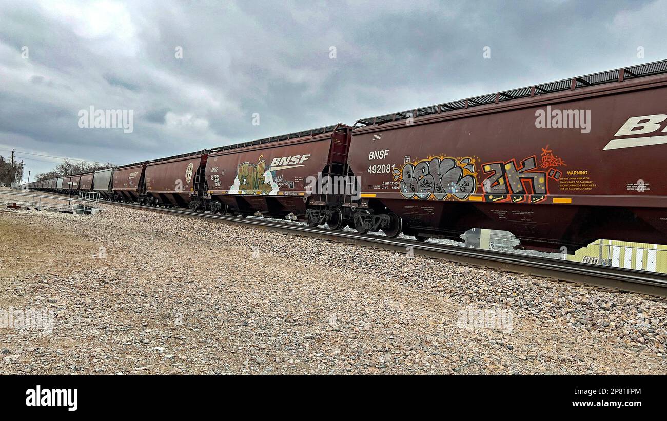 EMPORIA, KANSAS MARCH 8, 2023 A BNSF freight train hauling grain