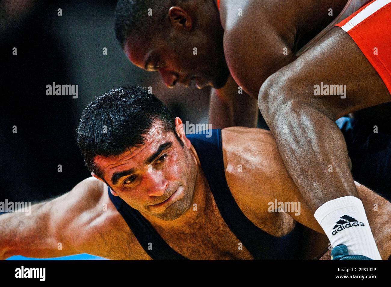 Nazmi Avluca, in blue, of Turkey and Mélonin Noumonvi of France in their 84  kg final match in Class in Greek-Roman Style at the wrestling world  championships in Herning, Denmark, Saturday, Sept.