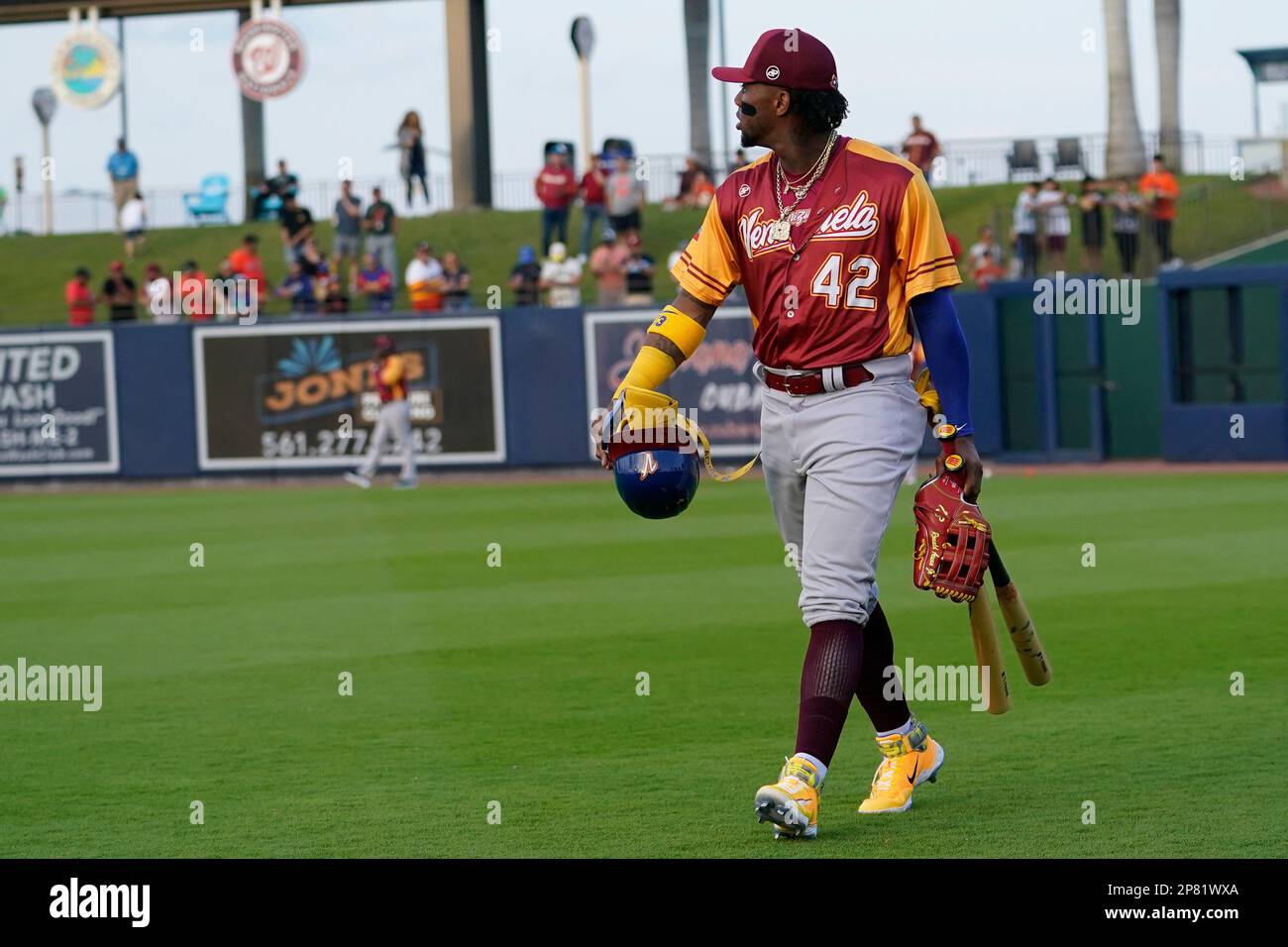 Venezuela's Ronald Acuna Jr. (42) walks to the dugout before an