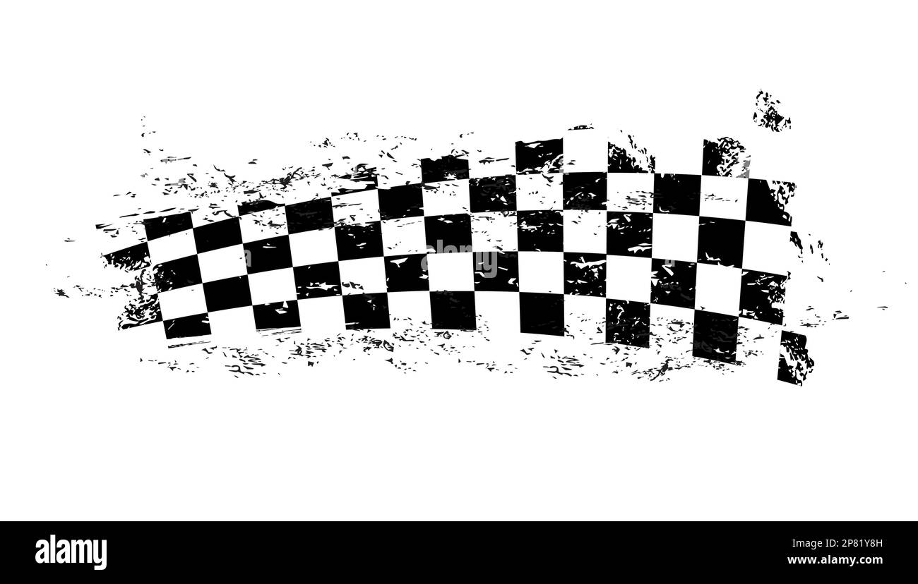 Grunge race flag, tire track with checker marks pattern on vector background. Car racing grunge flag, karting, rally motorsport and motocross start or Stock Vector