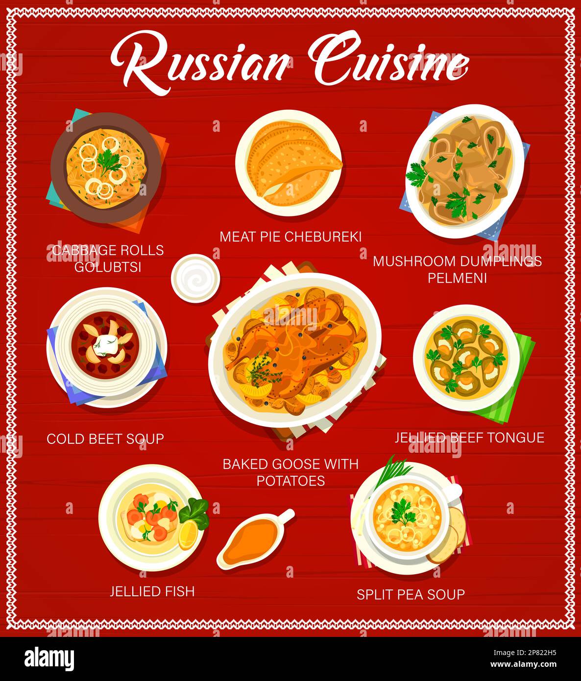 Russian cuisine menu page template. Meat pie Chebureki, jellied fish ...