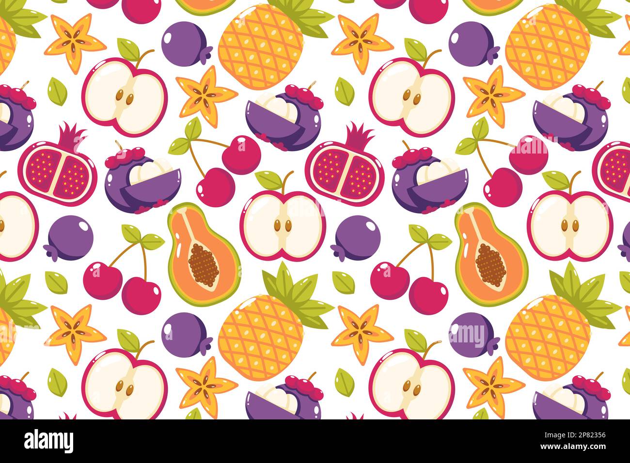 Fresh fruit pattern. Papaya, apple, chery, pineapple, mangosteen, star