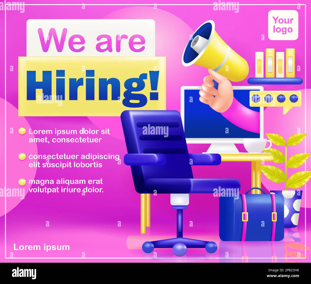 We are Hiring. 3d vector of work desk, chair and hand holding megaphone from inside computer Stock Vector