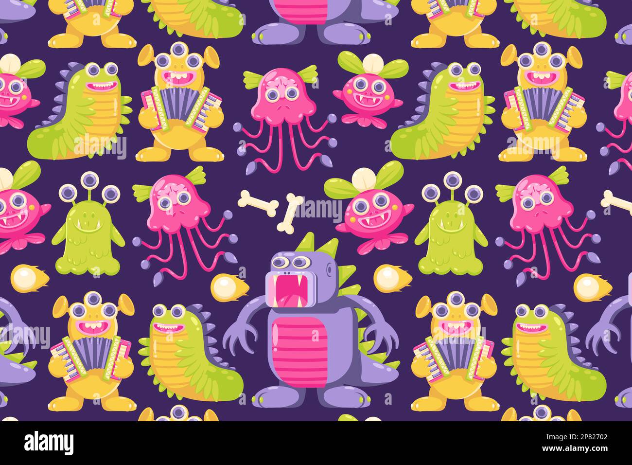 Cute monsters. Caterpillar patterns, crocodiles, playing music and jellyfish monsters Stock Vector