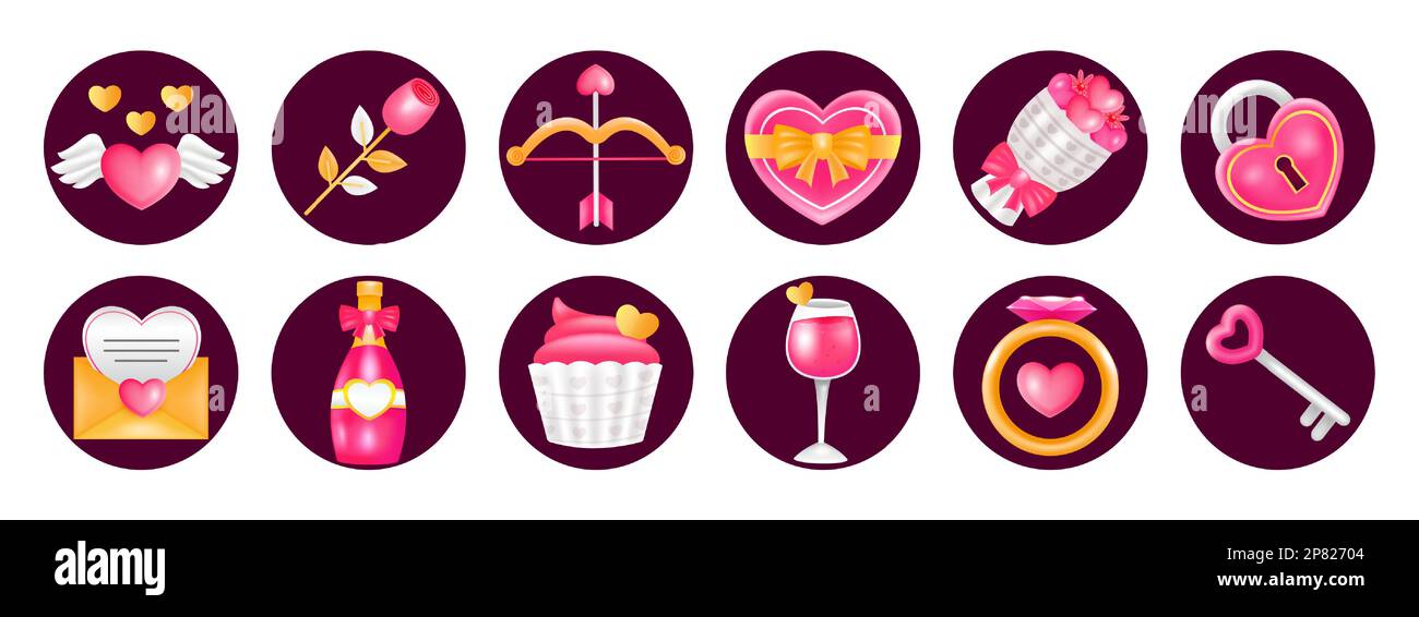 Happy Valentine. 3d ico arrows, hearts, wine, keys, letters, rings, cakes and flowers Stock Vector