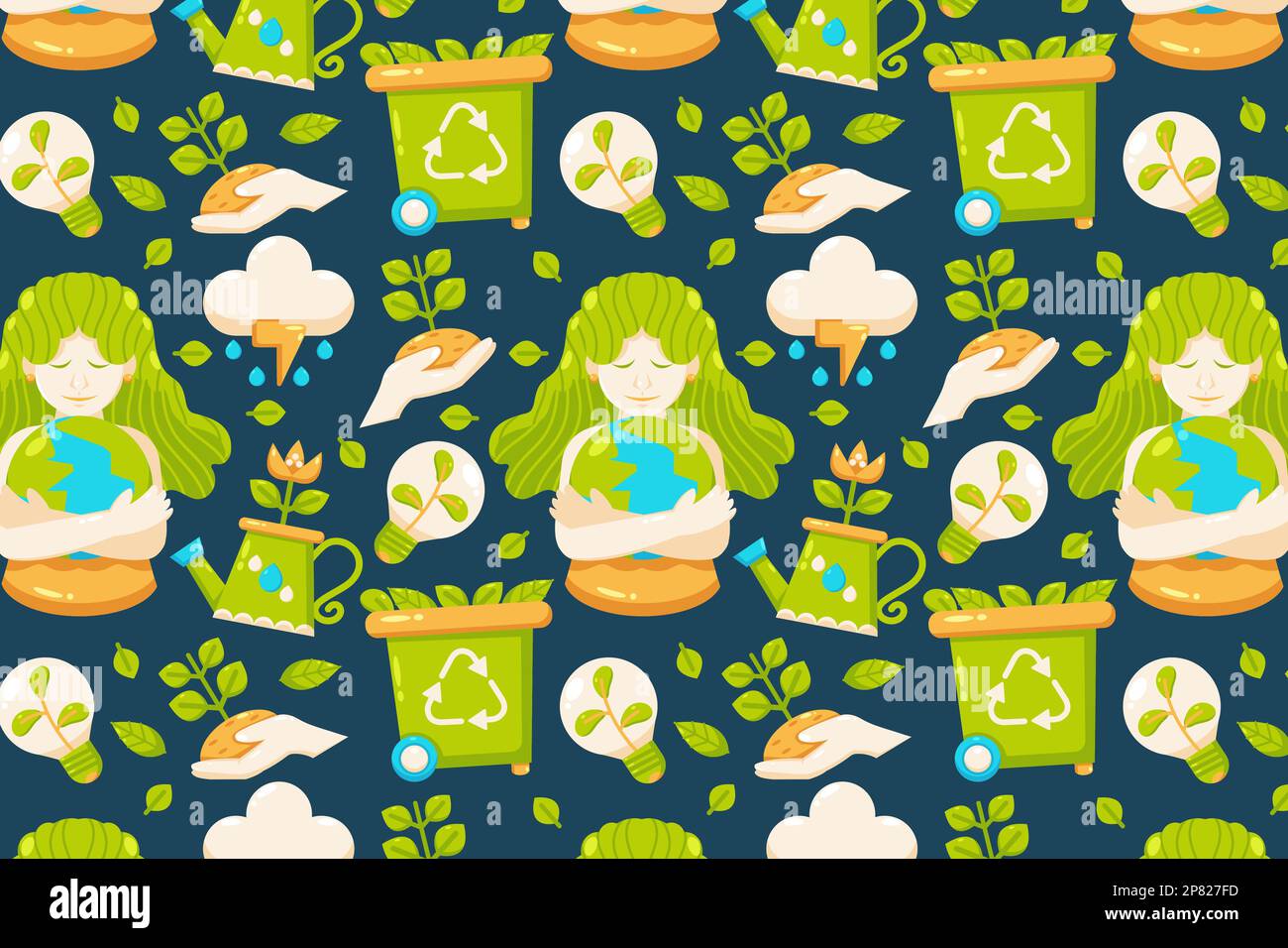 Happy Earth Day. Women hugging the earth, watering plants, lights, rain, and trash can patterns Stock Vector