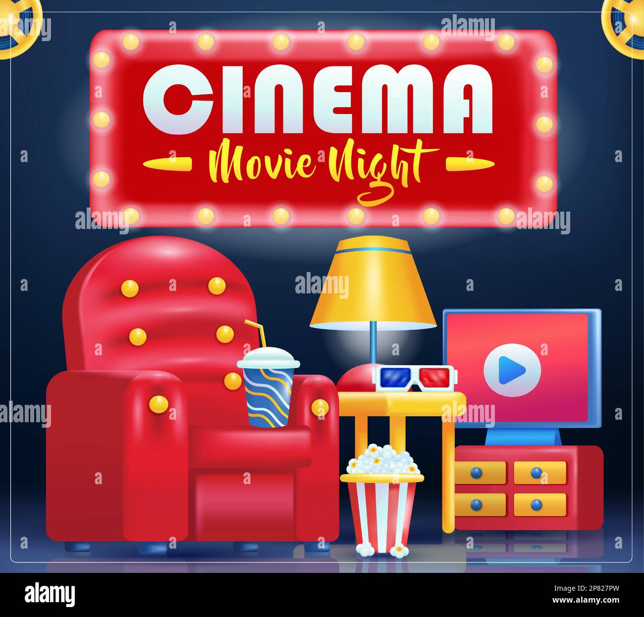 Cinema, Movie Night. 3d vector seats, popcorn and drinks Stock Vector