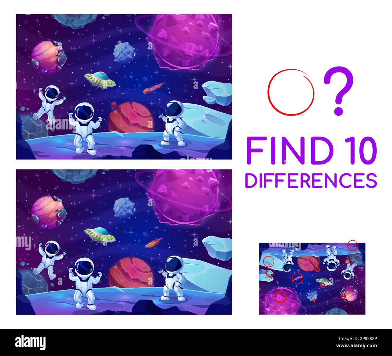 Find ten differences. Cartoon astronauts in outer space on
