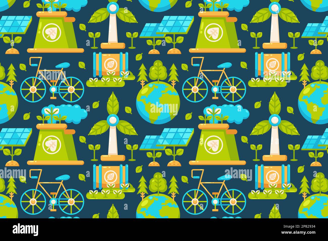 Happy Earth Day. Earth, factories, windmills, bicycles, solar panels, and natural waste patterns Stock Vector