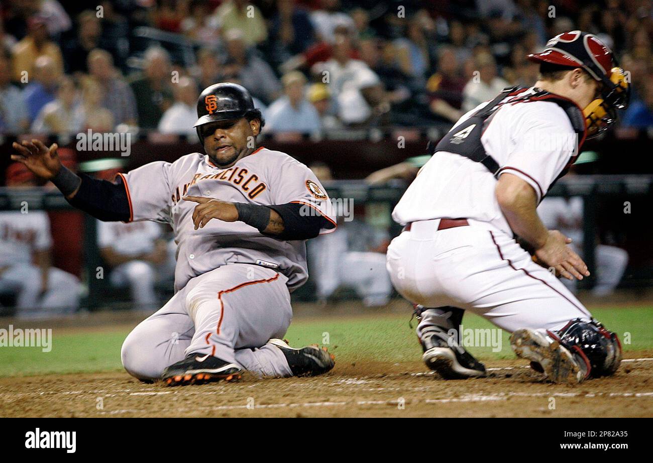 Giants catcher Bengie Molina and Pablo Sandoval (48) celebrate Molina's  2-run home run in the first inning vs. the Cincinnati Reds at AT&t Park in  San Francisco, Calif., on Friday, August 7