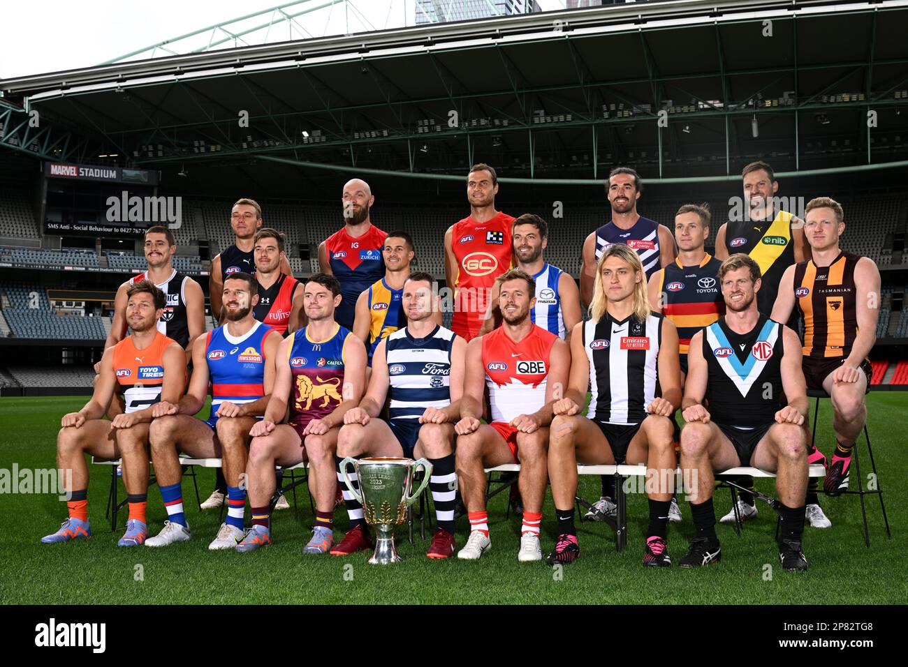 The AFL Captains pose for a photo during the 2023 AFL Captain’s Day at Marvel Stadium in