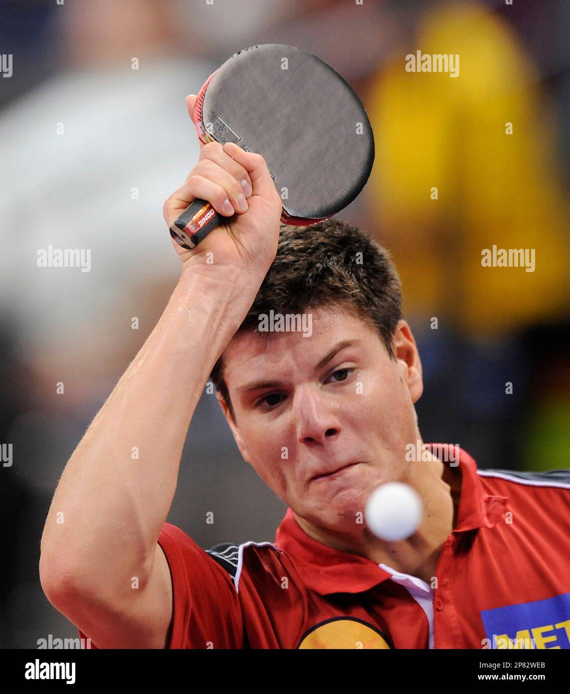 Germany's Dimitrij Ovtcharov returns the ball during his first round match  against Timo Tamminen from Finland during the individual competition of the Table  Tennis European Championships in Stuttgart, Germany, Thursday, Sept. 17,
