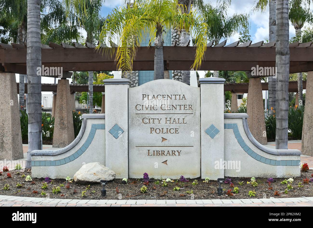 PLACENTIA, CALIFORNIA 8 MAR 2023 Placentia Civic Center sign closeup