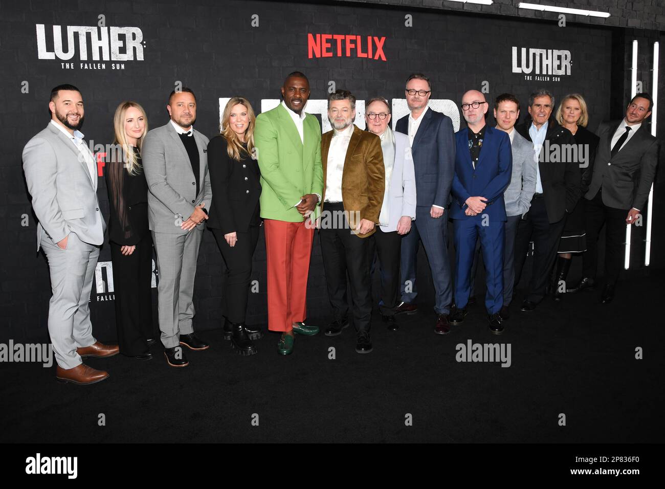 New York, USA. 08th Mar, 2023. Daniel Finlay, Idris Elba, Andy Serkis, Dermot Crowley, Jamie Payne, Thomas Coombes, Peter Chernin, Jenno Topping and David Ready attend the 'Luther: The Fallen Sun' film premiere at the Paris Theater in New York, NY on March 8, 2023. (Photo by Efren Landaos/Sipa USA) Credit: Sipa USA/Alamy Live News Stock Photo