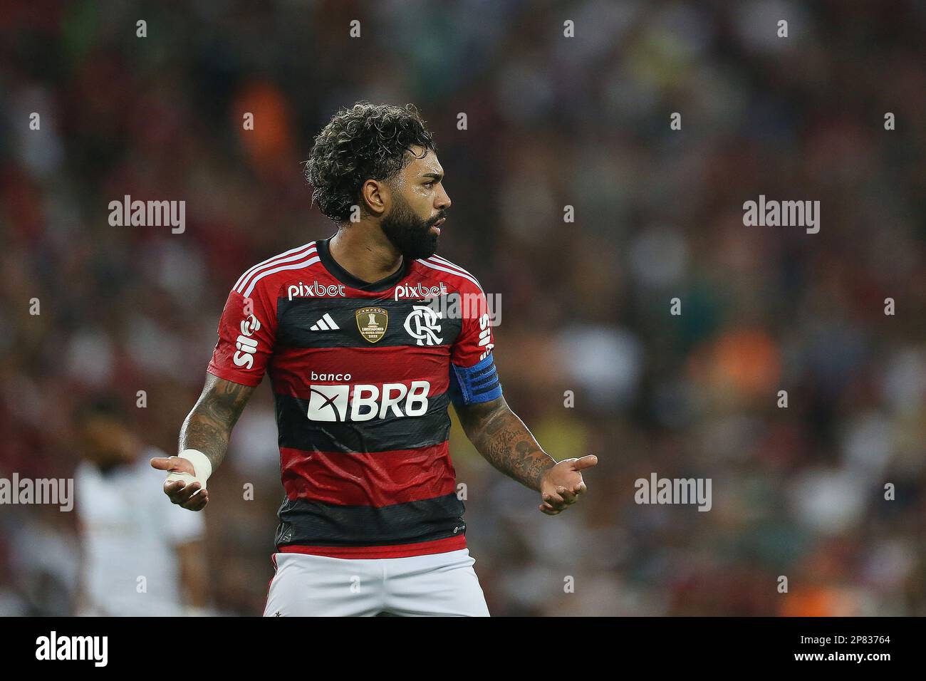 Rio de Janeiro, Brazil, 08th Mar, 2023. Gabriel Barbosa of Flamengo complains to the referee after his goal is annulled during the match between Flamengo and Fluminense, for the Championship Carioca 2023, at Maracana Stadium, in Rio de Janeiro on February 16. Photo: Daniel Castelo Branco/DiaEsportivo/Alamy Live News Stock Photo