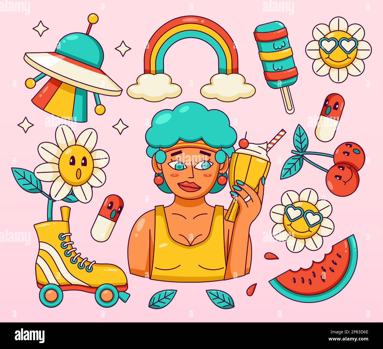 Groovy vector. Woman holding ice cream, roller skates, ufo, chery, rainbow and flowers Stock Vector