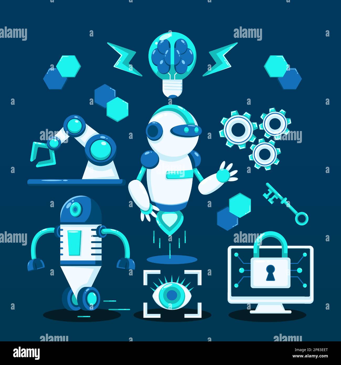 Robot technology vectors. Flying robots, wheeled robots, digital robots, robot brains and safety