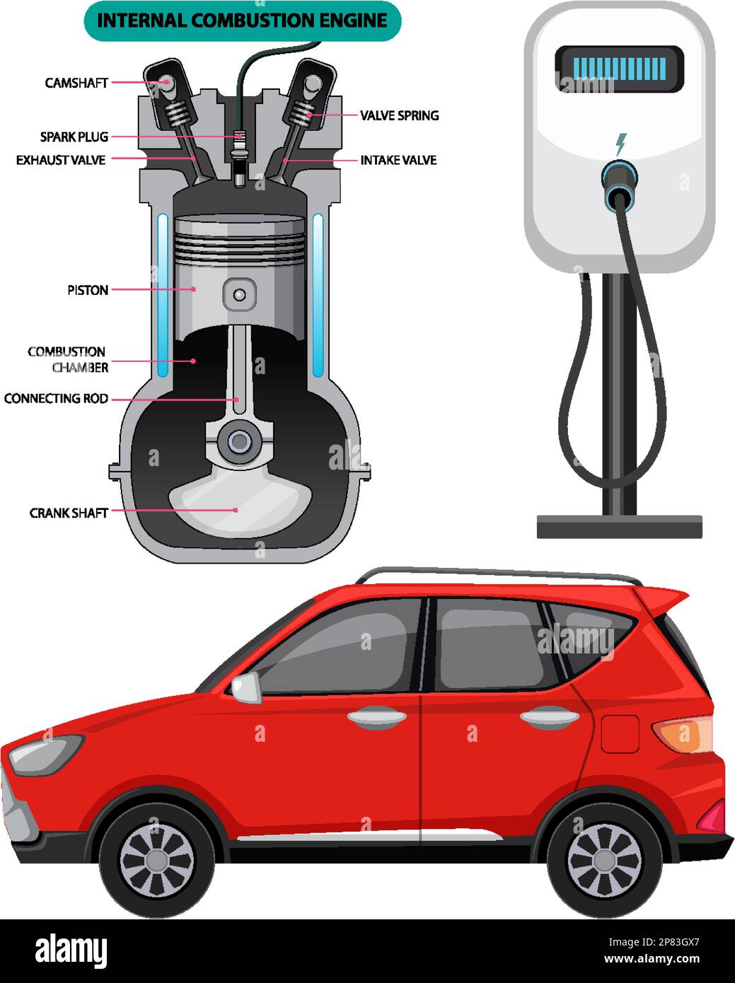Internal combustion engine with electric car illustration Stock Vector