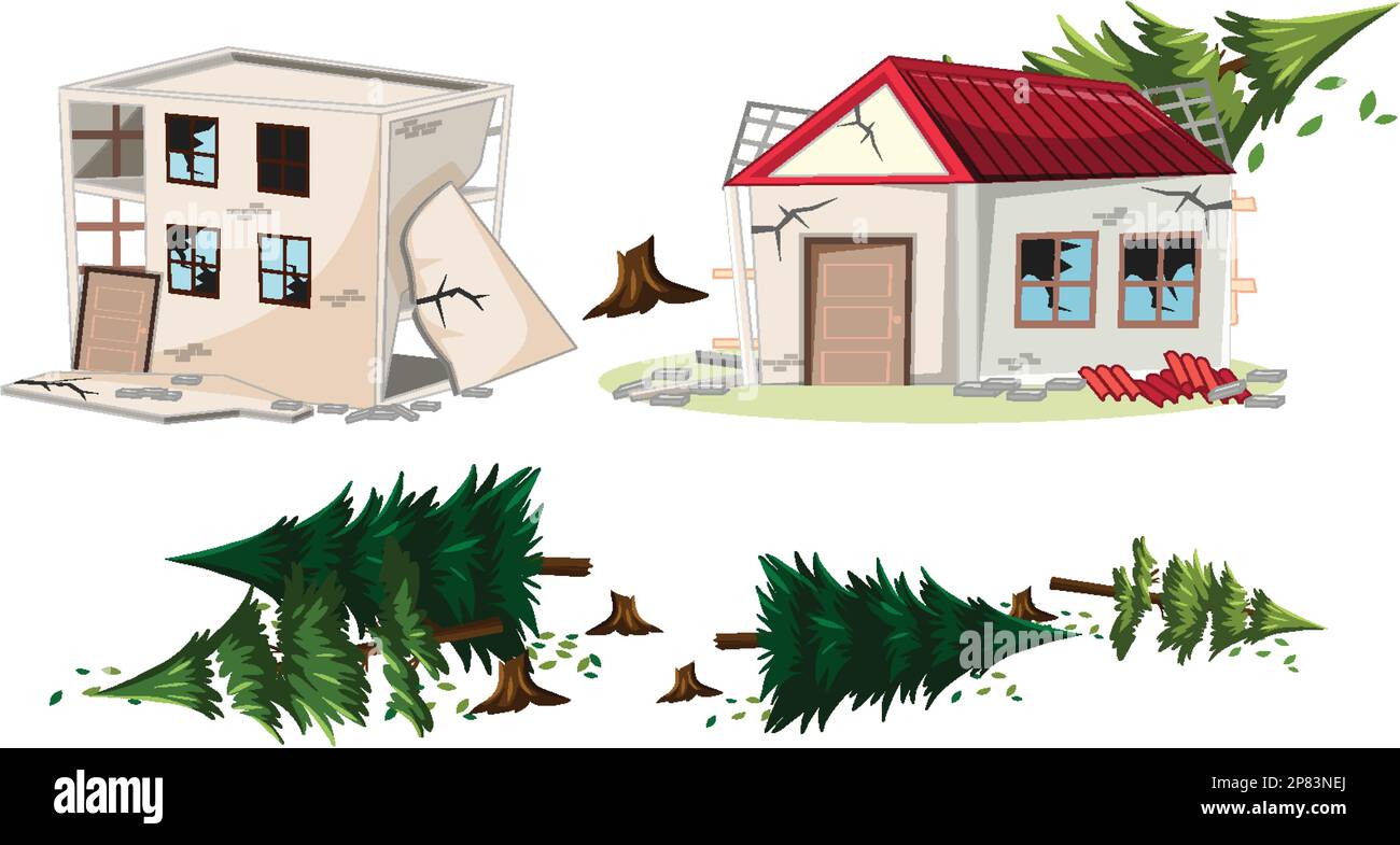 Set of broken buildings and houses illustration Stock Vector Image