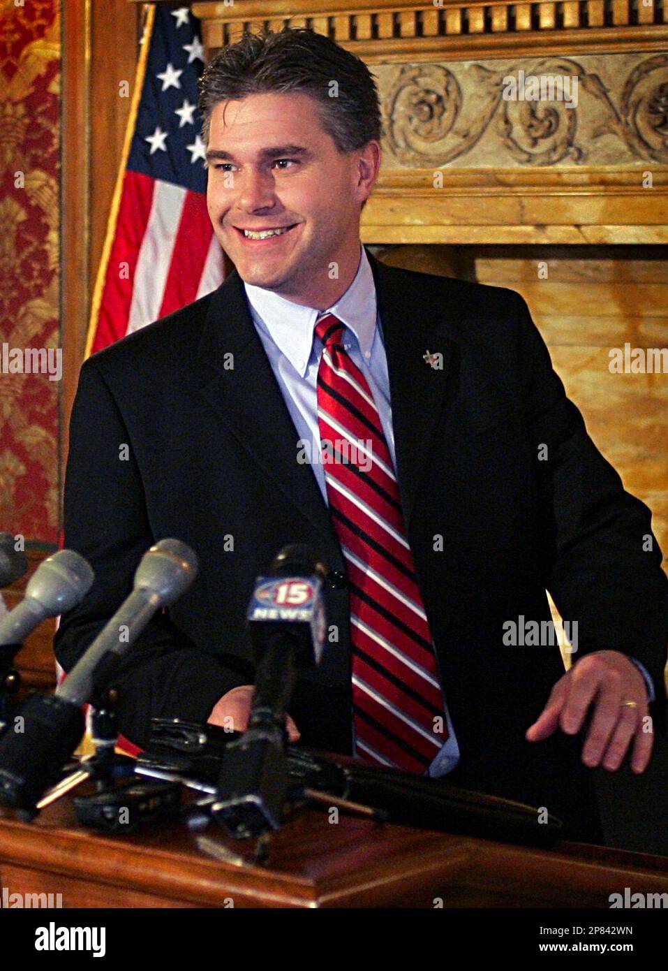 In this Nov. 8, 2006 file photo, J.B. Van Hollen arrives at a news conference in the state